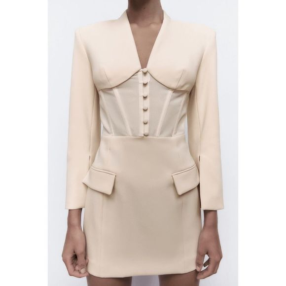ZARA CORSET BLAZER DRESS BEIGE - Picture 13 of 16